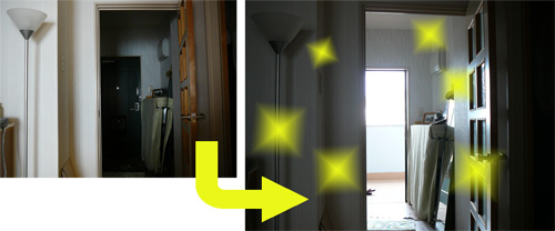 自宅玄関のドアに簡単網戸をつけた場合を想定した比較写真